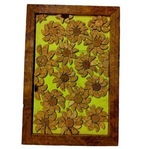 Vintage Recycled Wine Cork Art Wood Frame Flowers Wall Hanging Picture 14x9 3/8"